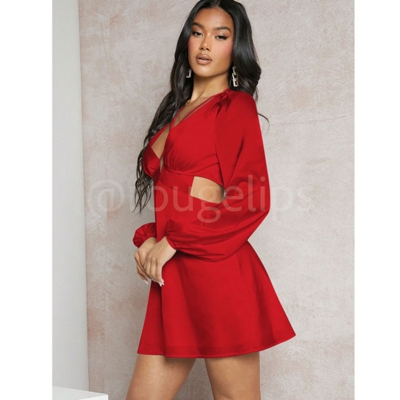 Strappy Red Satin Cut Out V-Neck Short Dress Long Lantern Sleeves Tie Neck - Picture 4 of 9